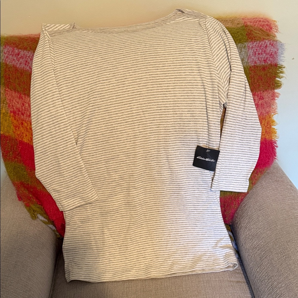 NWT Eddie Bauer White and Light Gray Striped Long Sleeve Tee